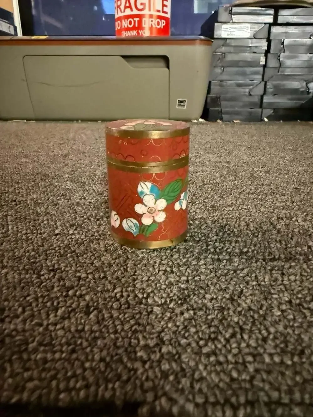 Vintage Chinese Cloisonne Enamel Red Floral Pattern Cylinder Trinket Pill Snuff